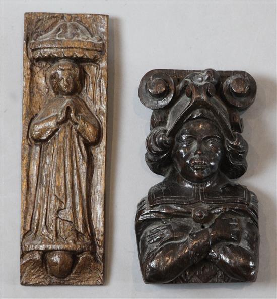 A 16th century carved oak panel, 8.5in. & a corbel